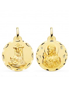 18K MEDALLA ESCAPULARIO VIRGEN DE LAS ANGUSTIAS Y CORAZON DE JESUS TALLADA 24 MM