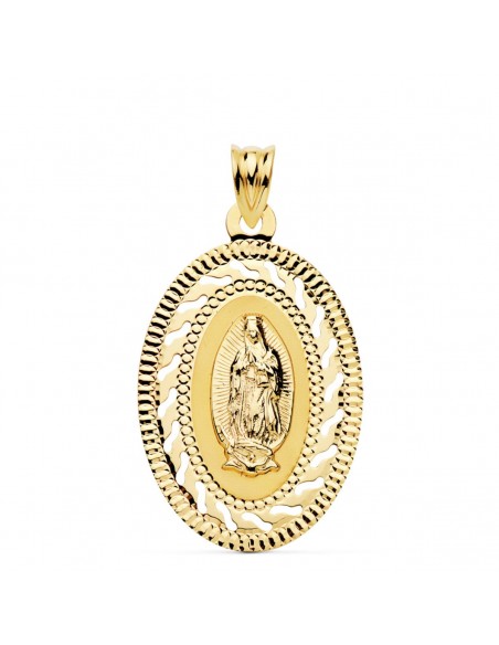 18K MEDALLA ORO AMARILLO VIRGEN GUADALUPE CERCO CALADO Y TALLADO. 34 X 22 MM
