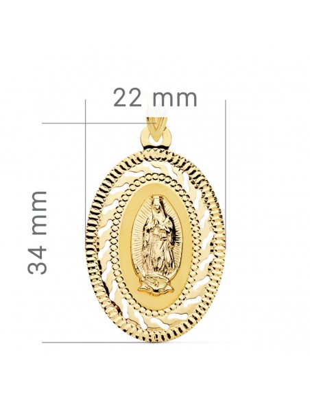 18K MEDALLA ORO AMARILLO VIRGEN GUADALUPE CERCO CALADO Y TALLADO. 34 X 22 MM