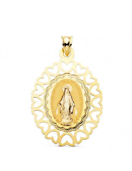 18K MEDALLA VIRGEN MILAGROSA OVAL CERCO CORAZONES. 40 X 33 MM