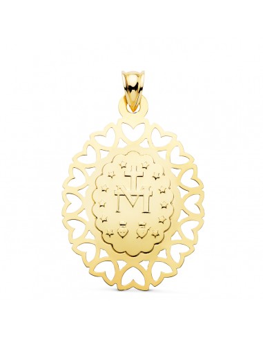 18K MEDALLA VIRGEN MILAGROSA OVAL CERCO CORAZONES. 40 X 33 MM