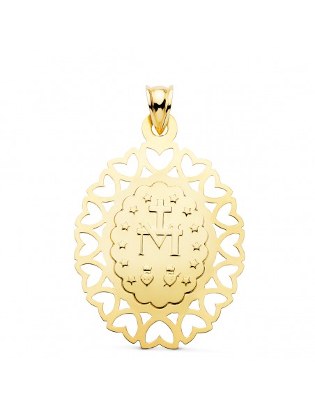 18K MEDALLA VIRGEN MILAGROSA OVAL CERCO CORAZONES. 40 X 33 MM
