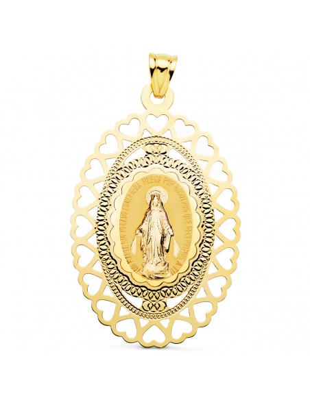 18K MEDALLA VIRGEN MILAGROSA OVAL CERCO CORAZONES. 50 X 35 MM