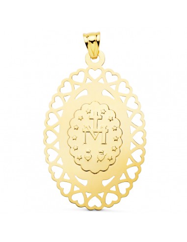 18K MEDALLA VIRGEN MILAGROSA OVAL CERCO CORAZONES. 50 X 35 MM