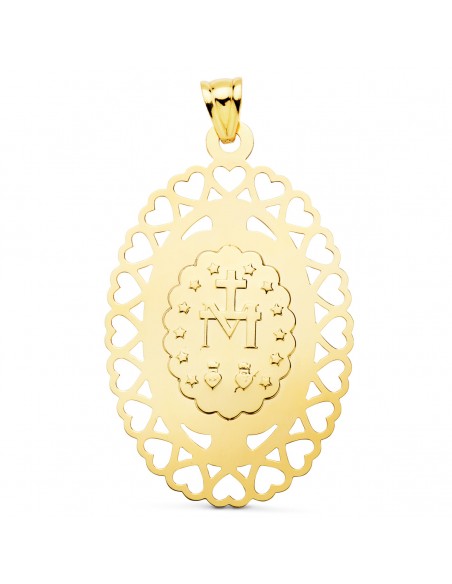 18K MEDALLA VIRGEN MILAGROSA OVAL CERCO CORAZONES. 50 X 35 MM