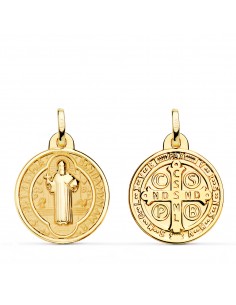 18K MEDALLA ESCAPULARIO SAN BENITO MONJE BRILLO Y FONDO MATIZADO 24 MM