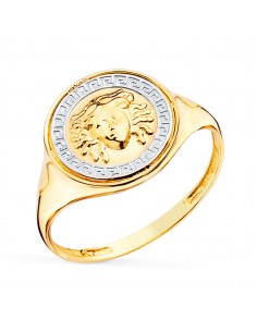 18K SORTIJA ORO BICOLOR BRILLO CON MEDUSA Y GRECA REDONDA 12 MM