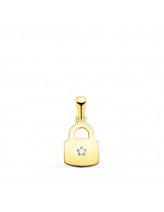 18K COLGANTE ORO AMARILLO CANDADO EN BRILLO CON CIRCONITA 14 X 9 MM