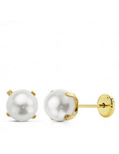 18K PENDIENTES ORO AMARILLO PERLA 6 MM.4 PATILLAS TUERCA
