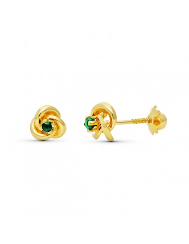 18K PENDIENTES ORO AMARILLO ROSCA NUDO PIEDRA VERDE