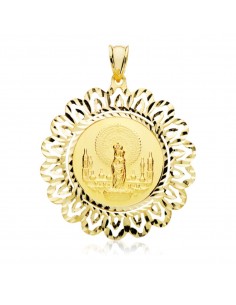 18K VIRGEN DEL PILAR REDONDA 22 MM CON CERCO TALLADO 40X40 MM