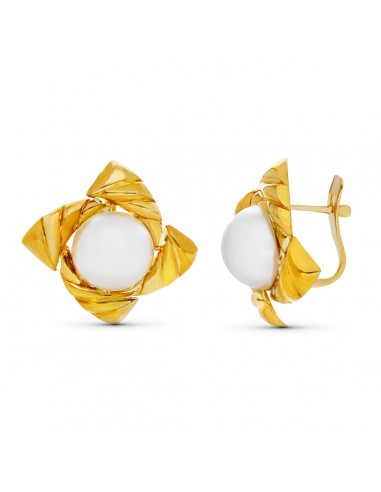 18K PENDIENTES ORO AMARILLO MEDIA PERLA 4 HOJAS