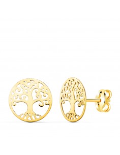 18K PENDIENTES ORO AMARILLO ARBOL DE LA VIDA EN BRILLO CALADOS 10 MM. CIERRE PRESION