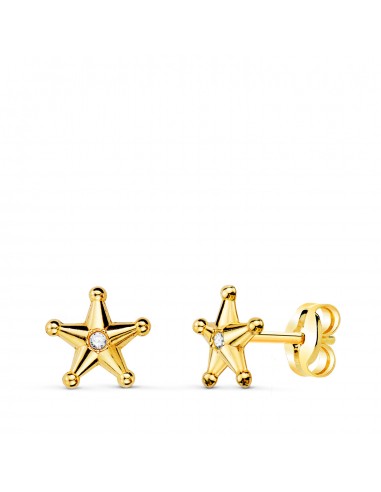 18K PENDIENTES ORO AMARILLO ESTRELLA SHERIFF CON BOLITAS Y CIRCONITAS. 7X7 MM CIERRE PRESION