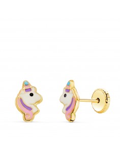 18K PENDIENTES ORO AMARILLO UNICORNIOS ESMALTADOS CIERRE TUERCA 8 X 5 MM
