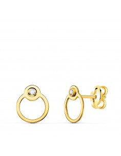 18K PENDIENTES ORO AMARILLO REDONDOS CON CIRCULO Y CIRCONITA. CIERRE PRESION 7 X 6 MM