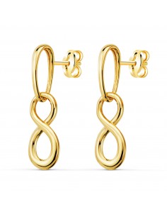 18K PENDIENTES ORO AMARILLO DOS CUERPOS CON COLGANTE INFINITO. CIERRE PRESION 25 X 8MM