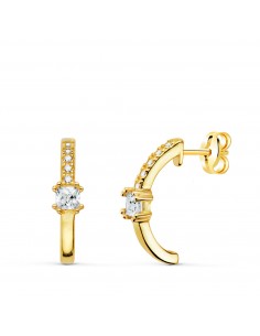 18K PENDIENTES ORO AMARILLO MEDIO ARO LISO BANDA CIRCONITAS 13 X 3 MM CIERRE PRESION.