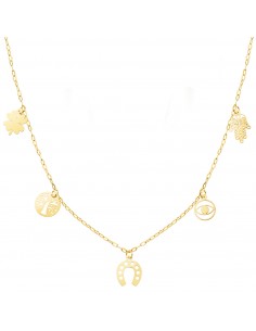 18K GARGANTILLA ORO AMARILLO CON COLGANTES DE LA SUERTE CADENA FORZADA 42   3 CM