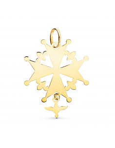 18K CRUZ DE HUGUENOTTE ORO AMARILLO CON PALOMA EN BRILLO. 32 X 25 MM