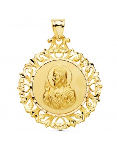 18K MEDALLA ESCAPULARIO CERCO CORAZON DE JESUS Y V CARMEN 45X40 MM