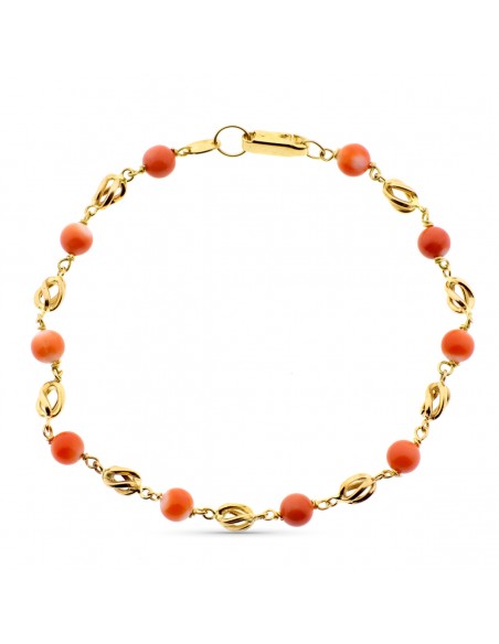 18K PULSERA ORO AMARILLO CON JAULAS Y CORAL FINO JAPONES 5 MM. 20 CM