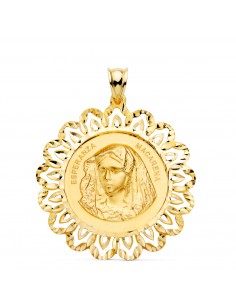 18K MEDALLA ORO AMARILLO VIRGEN MACARENA CERCO TALLADO 34 x 34 MM