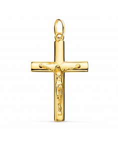 18K CRUZ ORO AMARILLO CRISTO MACIZA MEDIO PALO REDONDO BRILLO 38 X 24 MM