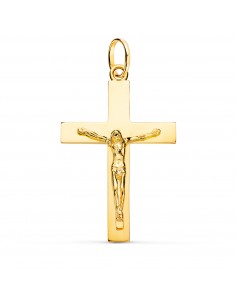 18K CRUZ ORO AMARILLO CRISTO MACIZA PALO RECTANGULAR BRILLO 38 X 24 MM