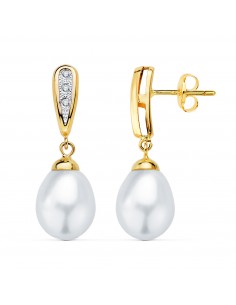 18K PENDIENTES ORO BICOLOR DOS CUERPOS CON PERLAS Y CIRCONITAS 25 X 9MM PRESION