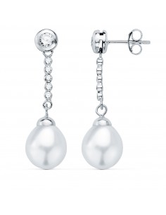 18K PENDIENTES ORO BLANCO PERLA Y CHATON CON CIRCONITAS 30X8MM PRESION