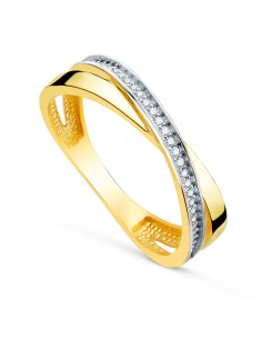 18K SORTIJA ORO BICOLOR BANDA CRUZADA CON CIRCONITAS. ANCHO: 4MM