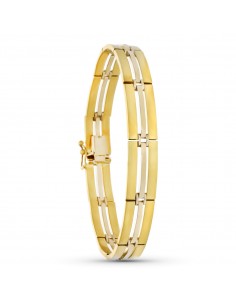 18K PULSERA ORO  BICOLOR ESLABON RECTANGULAR MATE Y BRILLO CON CIRCONITAS