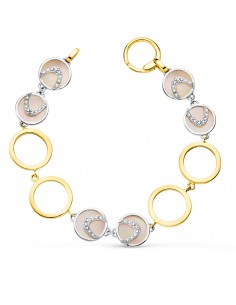 18K PULSERA ORO BICOLOR CIRCULOS CALADOS 16 MM Y NACAR ROSA. 20 CM.