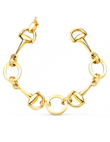 18K PULSERA ORO AMARILLO ARTICULADA CON ESTRIBOS Y CIRCULOS EN BRILLO. 20 CM.