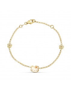 18K PULSERA ORO AMARILLO ESMALTE GATO Y FLOR CIRCONITAS 18 CM