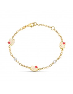 18K PULSERA ORO AMARILLO PERLAS Y ESMALTE GATO 18 CM