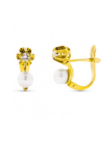 18K PENDIENTES ORO AMARILLO BRILLANTE CON PERLA Y GARRA