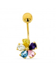 18K PIERCING ORO AMARILLO FLOR PIEDRAS COLORES OMBLIGO