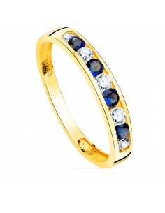 18K SORTIJA ORO AMARILLO 9 CIRCONITAS BLANCAS Y AZULES. ANCHO CUERPO: 3,5 MM