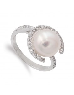 18K SORTIJA ORO BLANCO Y CIRCONITAS CON PERLA 10 MM. CUERPO 3 MM.