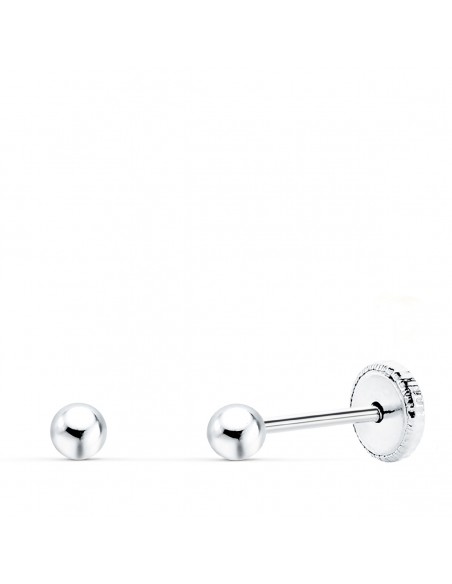 18K PENDIENTES ORO BLANCO BOLA LISA 3 MM. CIERRE TUERCA.