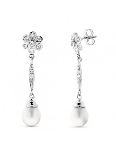 18K PENDIENTES PERLAS Y FLOR ORO BLANCO