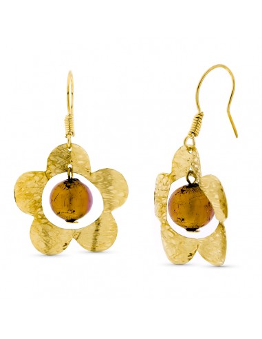 18K PENDIENTES ORO AMARILLO LARGOS FLOR BOLA MURANO GANCHO