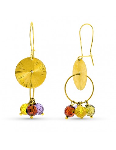 18K PENDIENTES ORO AMARILLO LARGOS PIEDRAS COLORES Y CHAPA TALLADA CIERRE GANCHO