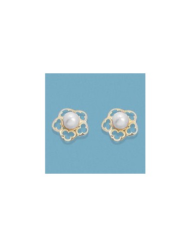 18K PENDIENTES PRESION FLOR CON PERLA