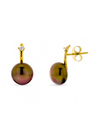 18K PENDIENTES ORO AMARILLO PERLA BOTON 10MM MARRON