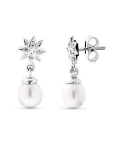 18K PENDIENTES ORO BLANCO LARGO ESTRELLA PERLA. 18 X 7 MM.