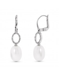 18K PENDIENTES ORO BLANCO MOTIVO OVAL Y PERLAS 9 MM. CIERRE CATALAN