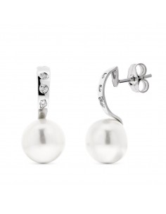 18K PENDIENTES ORO BLANCO PERLA BOTON Y CIRCONITAS
